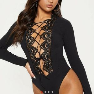 Prettylittlething Lace Up Black Bodysuit